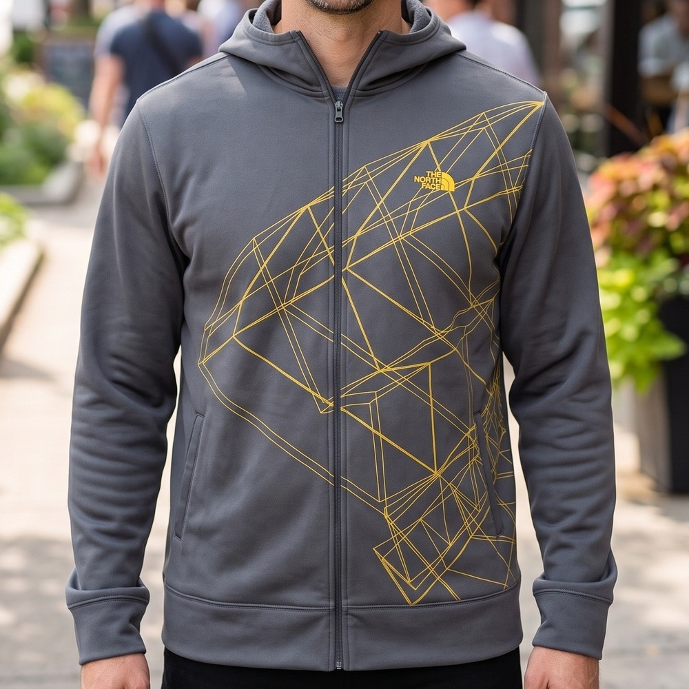The North Face Mens Full Zip Hoodie Gray Yellow Geometric Graphic‎ Fleece XL
